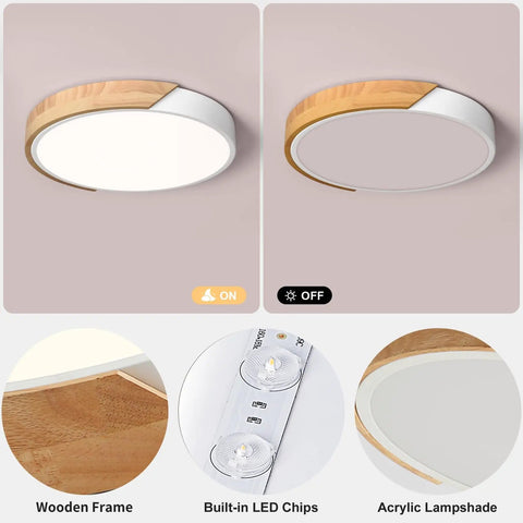 Sleek Modern LED Ceiling Light Fixture With Wood Style Flush Mount Circular Acrylic Lampshade on and off view
