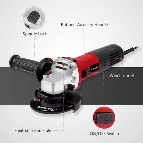 Powerful 4.5 Inch Angle Grinder With 7.5 Amp Motor And 11000 Rpm For metal cutting and rust removal, featuring auxiliary handle and heat emission hole.