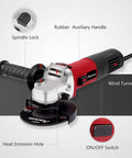 Knockout 7.5 Amp 4.5 Inch Electric Angle Grinder with rubber auxiliary handle, spindle lock, and heat emission hole.