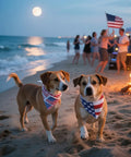 Two large dogs wearing Dual-Layer Patriotic Dog Bandana Set 2Pack Reversible Red White Blue Triangle Style by bonfire on beach.