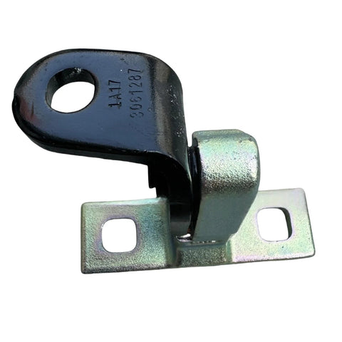 Close-up of automotive door hinge, left rear upper, metal bracket with black loop and mounting tabs