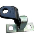 Close-up view of rear left upper car door hinge bracket with mounting flange in black steel