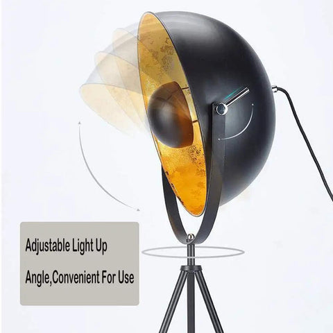 Vintage Industrial Tripod Floor Lamp With LED Light, adjustable angle, large shade, matte black and gold finish, modern retro vibe