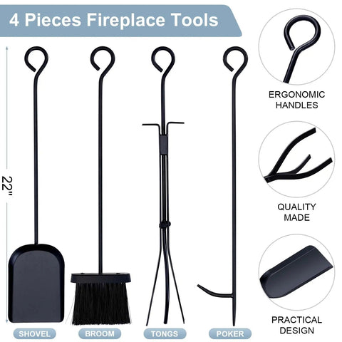 Compact Firewood Rack And Four Tool Set For Fireplace with shovel, broom, tongs, and poker, ergonomic handles, 22-inch length