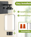 Modern Wall Sconces Set Of Two For Bathroom Vanity Killer Matte Black Finish With Clear Glass Shades Rustproof And Waterproof Fixture installation guide with fixture and accessories.