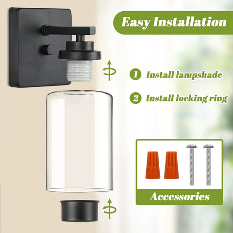 Modern Wall Sconces Set Of Two For Bathroom Vanity Killer Matte Black Finish With Clear Glass Shades Rustproof And Waterproof Fixture installation guide with fixture and accessories.