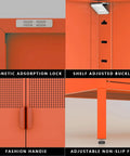 Details of the Orange Metal Storage Cabinet With Adjustable Shelves, featuring magnetic latches, adjustable feet, and steel construction.