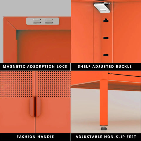 Details of the Orange Metal Storage Cabinet With Adjustable Shelves, featuring magnetic latches, adjustable feet, and steel construction.