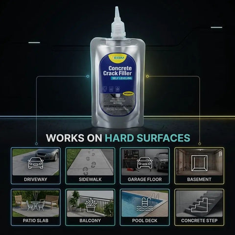 Heavy Duty Concrete Crack Filler Rock Solid Epoxy Primer Base Seal for various hard surfaces including garage floor, patio slab, and more.