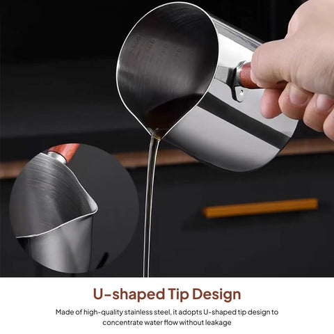 Turkish Warmer Coffee Pot Frothing Pitcher 1000ml Stainless Steel with Wooden Handle, Pouring Water, U-shaped Tip Design