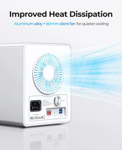 Four Bay Raid External Hard Drive Enclosure With Usb 3.0 showcasing aluminum alloy back with silent fan for improved cooling.