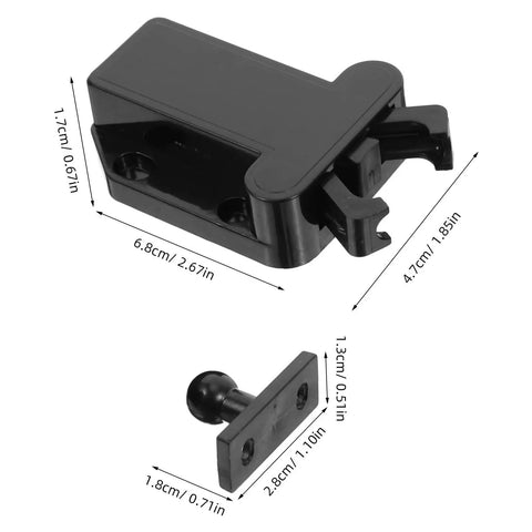 Close-up of Eight Pack Push To Open Cabinet Latches Black Hidden Push Touch Latch Heavy Duty Self Locking Hardware with dimensions