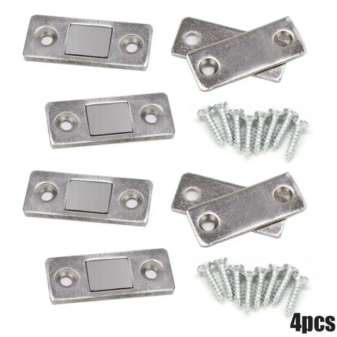 4 pack of slim magnetic cabinet catch latches for doors, flush mount silver hardware with screws for cupboards
