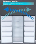 Interior view showing 21 Cu Ft Convertible Freezer Refrigerator with recessed handle, adjustable legs, and reversible door.