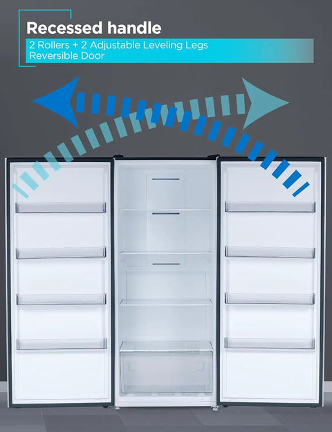 Interior view showing 21 Cu Ft Convertible Freezer Refrigerator with recessed handle, adjustable legs, and reversible door.
