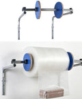 Nail Down Your Packing Routine With This Wall Mounted Bubble Wrap Dispenser, Adjustable Foam Cushioning Roll Holder, Tight Shipping Station Stand That Locks Firmly To Walls, Saves Precious Counter Space While You Crush Daily Shipments. Image shows wall-mounted bubble wrap dispenser holding foam cushioning roll.