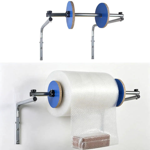 Nail Down Your Packing Routine With This Wall Mounted Bubble Wrap Dispenser, Adjustable Foam Cushioning Roll Holder, Tight Shipping Station Stand That Locks Firmly To Walls, Saves Precious Counter Space While You Crush Daily Shipments. Image shows wall-mounted bubble wrap dispenser holding foam cushioning roll.