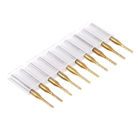 End Mill Router Bit Set Ten Pack 1.5mm Tungsten Coated Carbide CNC Engraving Bits Workhorse One Eighth Inch Shank in plastic holder