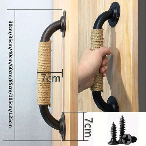 Industrial Style Wrought Iron Barn Door Handle Set With Hemp Rope Accents Dope Look Durable Black Cabinet Pulls And Door Levers For Cabinets Gates Garage Doors Fence Pulls Retro European Antique Look, 7cm width, shown on wooden door with screws.