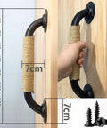 Industrial Style Wrought Iron Cabinet And Barn Door Handles With Hemp Rope Pulls, showing size and installation on door.