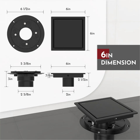 Dimensions and design of a six inch square shower drain matte black with reversible flange cover and tile insert grate two in one removable SUS304 stainless steel CUPC certified no hub drain base compatible easy clean no fuss install
