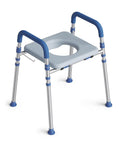 Adjustable Toilet Seat Riser With Plush Pu Foam Pad For Elderly And Seniors Quick Height And Width Dial In Rock Solid Heavy Duty Bathroom Assist Fits Elongated Models, blue safety handles, aluminum frame.