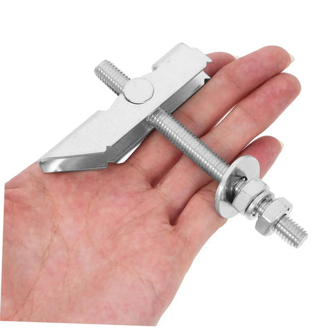 Heavy Duty Metal Toggle Bolt And Nut Set 12 Pack M8x72mm for drywall and hollow walls shown on hand for scale.