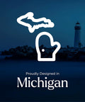 Icon showing Michigan map and mitten with lighthouse in background, proudly designed in Michigan message.