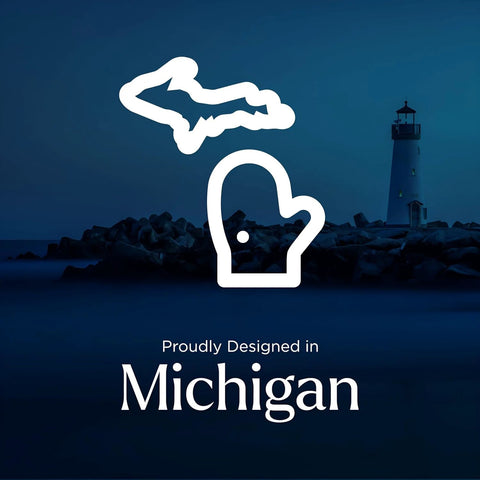 Icon showing Michigan map and mitten with lighthouse in background, proudly designed in Michigan message.