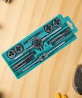 Heavy Duty 12 Piece Tap And Die Set For M6 To M12 Made From Tough Alloy Steel Pro Grade Hand Tool Kit in blue case on workbench