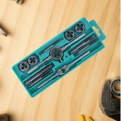 Heavy Duty 12 Piece Tap And Die Set For M6 To M12 Made From Tough Alloy Steel Pro Grade Hand Tool Kit in blue case on workbench
