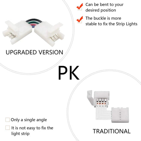 Comparison of upgraded L Shape 4 pin LED strip connectors with adjustable angles and traditional single angle connector