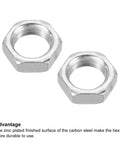 Two zinc plated carbon steel M16 x 1.0 hex nuts, 22mm width, 8mm height, for threaded connections. Ten Pack M16 X 1.0 Hex Nuts.