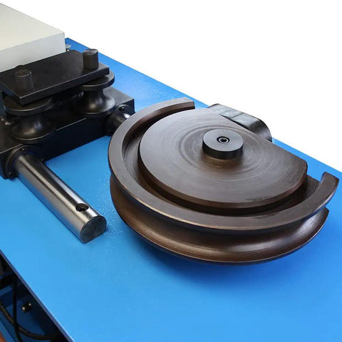 Top Shelf Fully Programmable Electric Hydraulic Tube And Pipe Bender With PLC Automation Panel 3Hp Motor smooth metal die on blue work surface