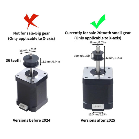 Comparison of stepper motors for 3D printers, showing pre-2024 36 teeth gear and post-2025 20 teeth gear, both X-axis compatible.