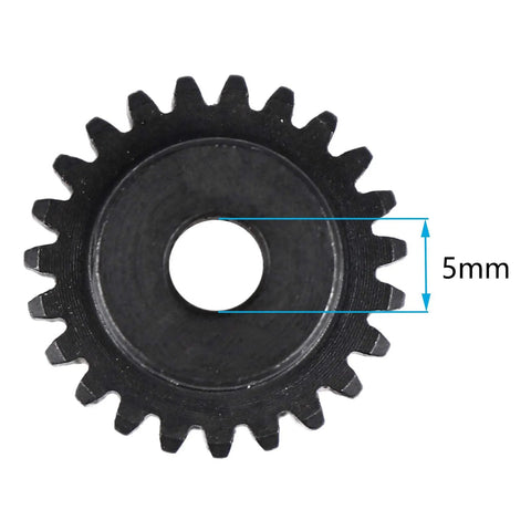 Close-up of Beefed Up Hardened Steel Pinion Gear Set 32P for RC Cars with 5mm shaft compatibility, showing gear teeth details.