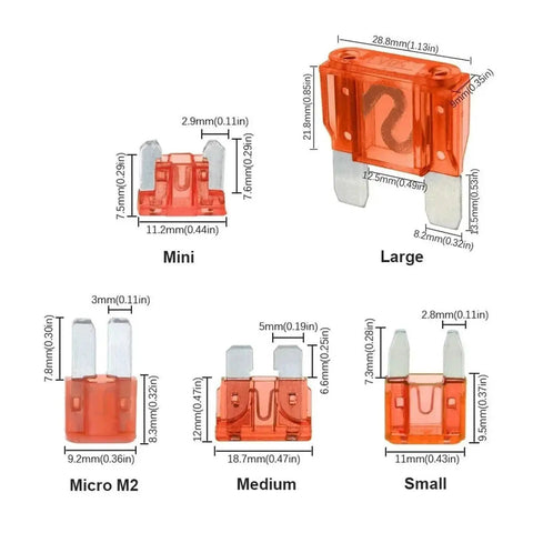 Fuses Assortment Kit With 3 Sizes 2 Sets Blade Type Automotive Fuses for Auto RV, featuring size and dimension details for quick replacement.