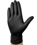 TitanFlex black nitrile disposable exam glove on hand, front view, size XL