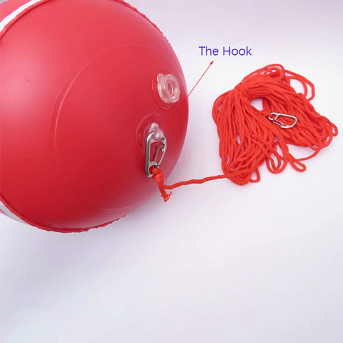 Close-up of Red Dive Flag Inflatable Surface Marker Buoy with rope hook for scuba diving, spearfishing, and boating.