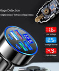 Six Port Usb C Car Charger With Led Voltage Display PD QC3 Fast Charging showing digital voltage monitor and USB ports.