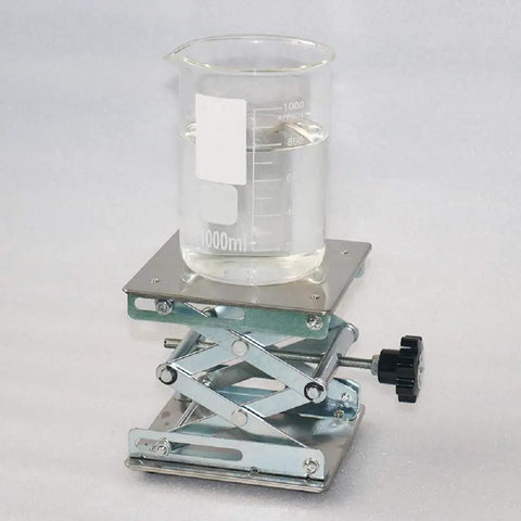 Heavy Duty 4 Inch By 4 Inch Stainless Steel Lab Jack Lift Stand Table Scissor Platform with beaker on top.