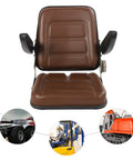 Kick Butt While You Work With This Built Tough Universal Tractor Seat Featuring Adjustable Backrests Foldable Armrests And Heavy Duty Foam For Forklifts Mowers Skid Steers front view with brown artificial leather and armrests.