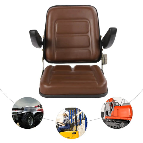 Kick Butt While You Work With This Built Tough Universal Tractor Seat Featuring Adjustable Backrests Foldable Armrests And Heavy Duty Foam For Forklifts Mowers Skid Steers front view with brown artificial leather and armrests.