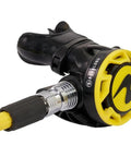 Close-up of Ultra Compact Pro Octopus For Scuba Diving With Pneumatically Balanced Breathing Venturi Switch Heat Exchanger Yellow Braided Hose