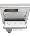 Heavy Duty Flush Floor Power Outlet Box Featuring Stainless Steel Silver Finish And Zero Fuss Easy Pull Lid Access That Offers Rock Solid Durability In Kitchens And Offices With Instant Net And Plug Connectivity Level To The Deck.