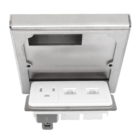 No Sweat Hassle Free Recessed Floor Electrical Outlet Kit Manual Lift Cover with stainless steel and white power sockets, flush mount design.