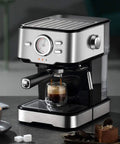 Household Semi Automatic Espresso Machine With Twenty Bar Pressure Built To Hit The Spot And Brew Perfect Cappuccino Latte Milk Foam Drinks Daily At Home brewing espresso with milk frother.