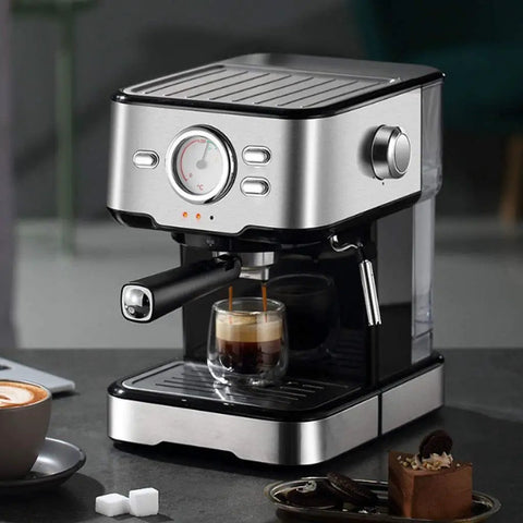 Household Semi Automatic Espresso Machine With Twenty Bar Pressure Built To Hit The Spot And Brew Perfect Cappuccino Latte Milk Foam Drinks Daily At Home brewing espresso with milk frother.
