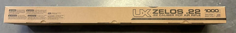 Packaging of Zelos 22 Caliber PCP Pellet Gun Air Rifle With 20 Round Rotary Magazine, showing specifications and warnings.