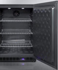 Interior view of Slick Stainless Steel Undercounter Freezer With Dope Frost Free Tech, featuring wire shelves and digital display.